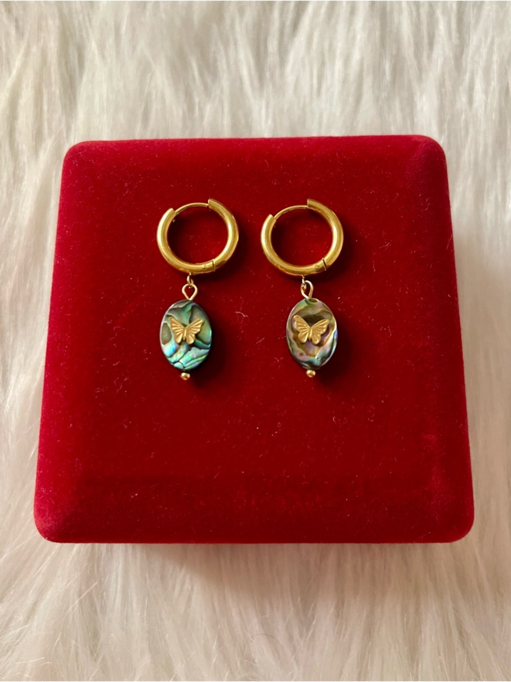 18k Gold Plated over Stainless Steel Hoop Earrings with Abalone Butterfly Charms